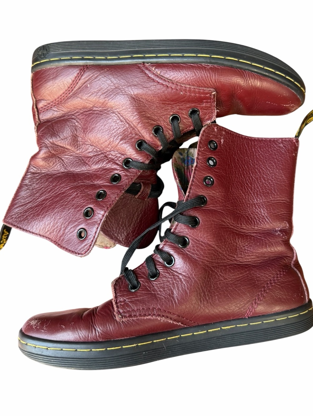 Dr. Martens Burgundy Leather Floral Lined Lace-Up Boots Vintage Style Size US 7L